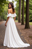 Satin A Line White Off the Shoulder Sweep Train Wedding Dress