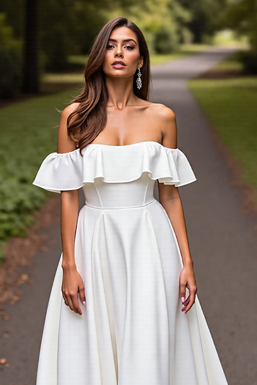 Satin A Line White Off the Shoulder Sweep Train Wedding Dress