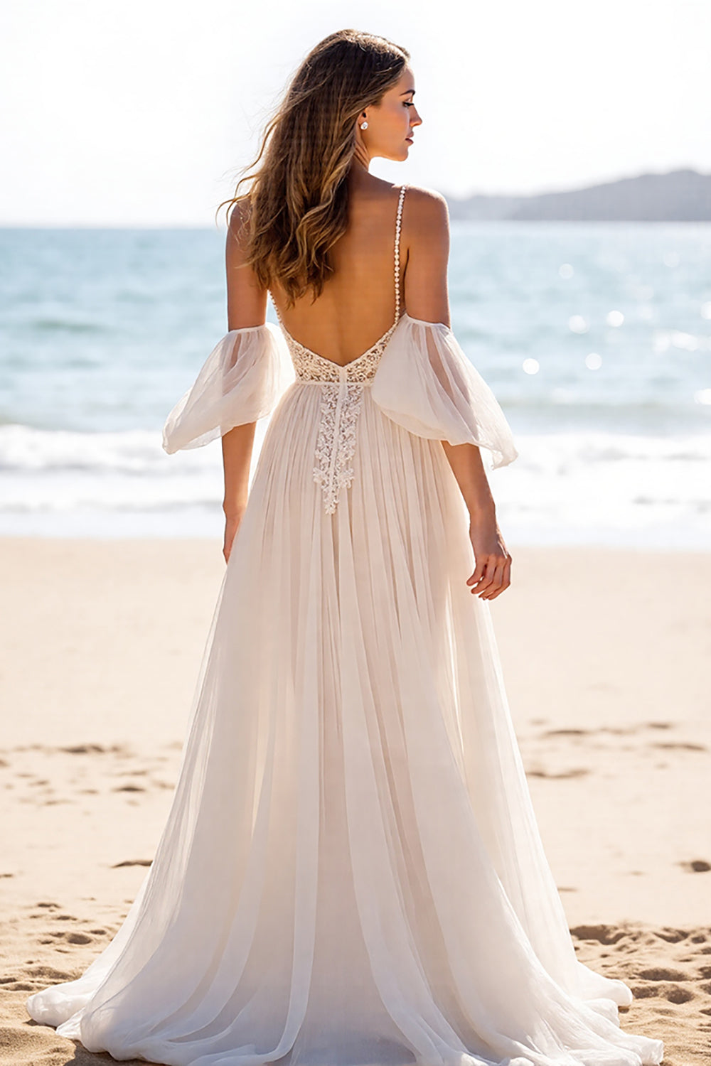 Chiffon White A Line Sweep Train  Boho Wedding Dress with Slit