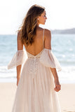 Chiffon White A Line Sweep Train  Boho Wedding Dress with Slit