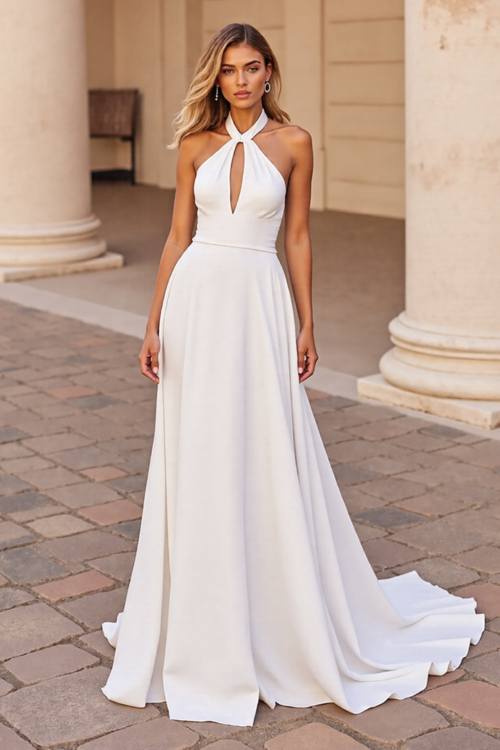 White Satin Halter Sweep Train Wedding Dress with Keyhole
