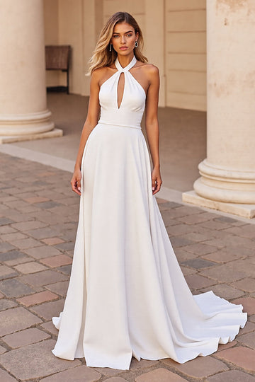 White Satin Halter Sweep Train Wedding Dress with Keyhole