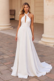 White Satin Halter Sweep Train Wedding Dress with Keyhole