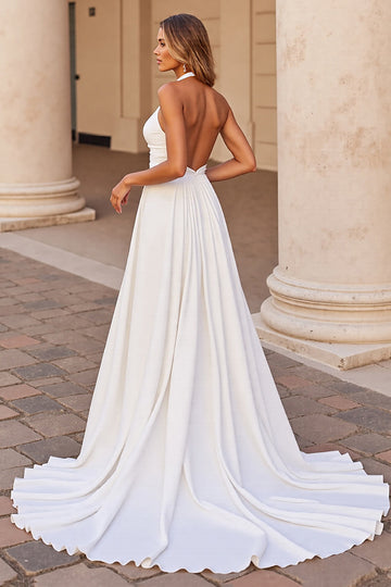 White Satin Halter Sweep Train Wedding Dress with Keyhole