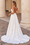 White Satin Halter Sweep Train Wedding Dress with Keyhole