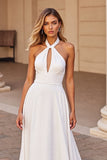 White Satin Halter Sweep Train Wedding Dress with Keyhole