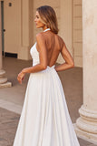 White Satin Halter Sweep Train Wedding Dress with Keyhole