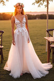 White Tulle Deep V Neck Sweep Train Boho Wedding Dress with Appliques