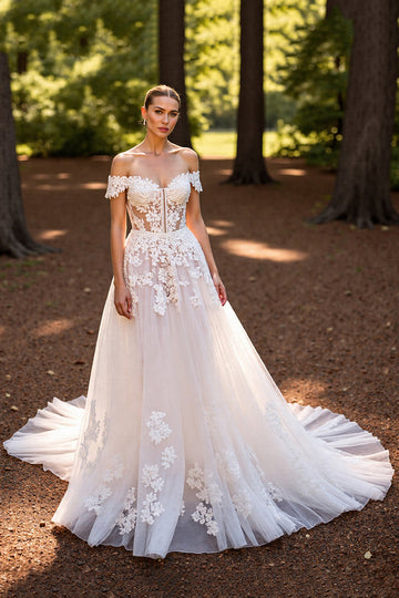 Floral Tulle White Sweep Train Wedding Dress with Appliques