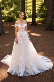 Floral Tulle White Sweep Train Wedding Dress with Appliques