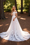 Floral Tulle White Sweep Train Wedding Dress with Appliques