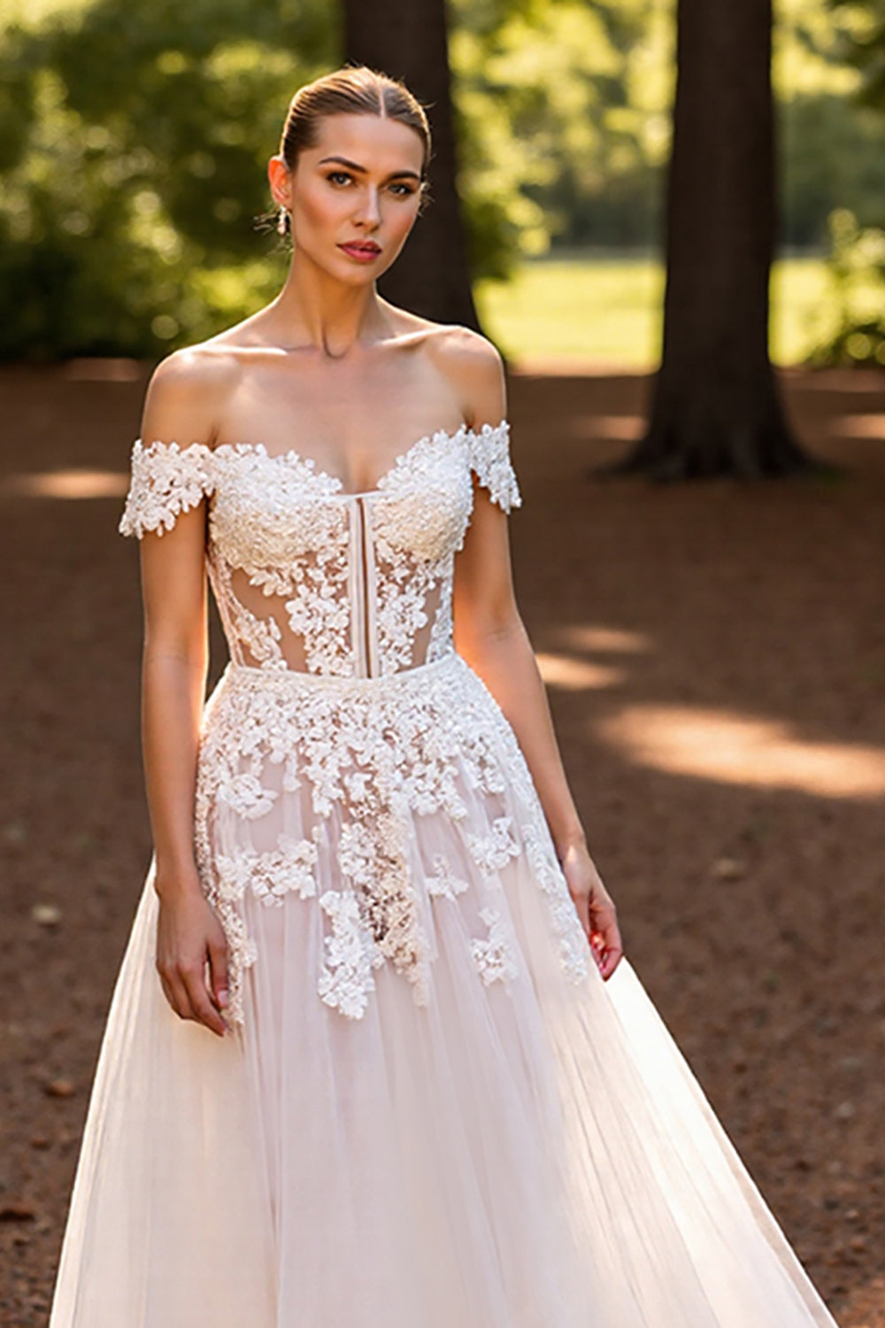 Floral Tulle White Sweep Train Wedding Dress with Appliques