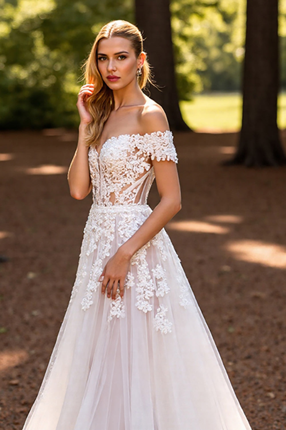 Floral Tulle White Sweep Train Wedding Dress with Appliques