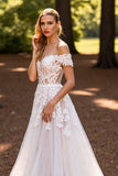 Floral Tulle White Sweep Train Wedding Dress with Appliques