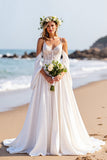 Corset A Line White Sweep Train Boho Wedding Dress with Sleeves