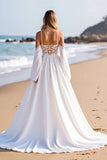 Corset A Line White Sweep Train Boho Wedding Dress with Sleeves