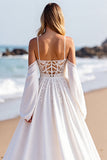 Corset A Line White Sweep Train Boho Wedding Dress with Sleeves