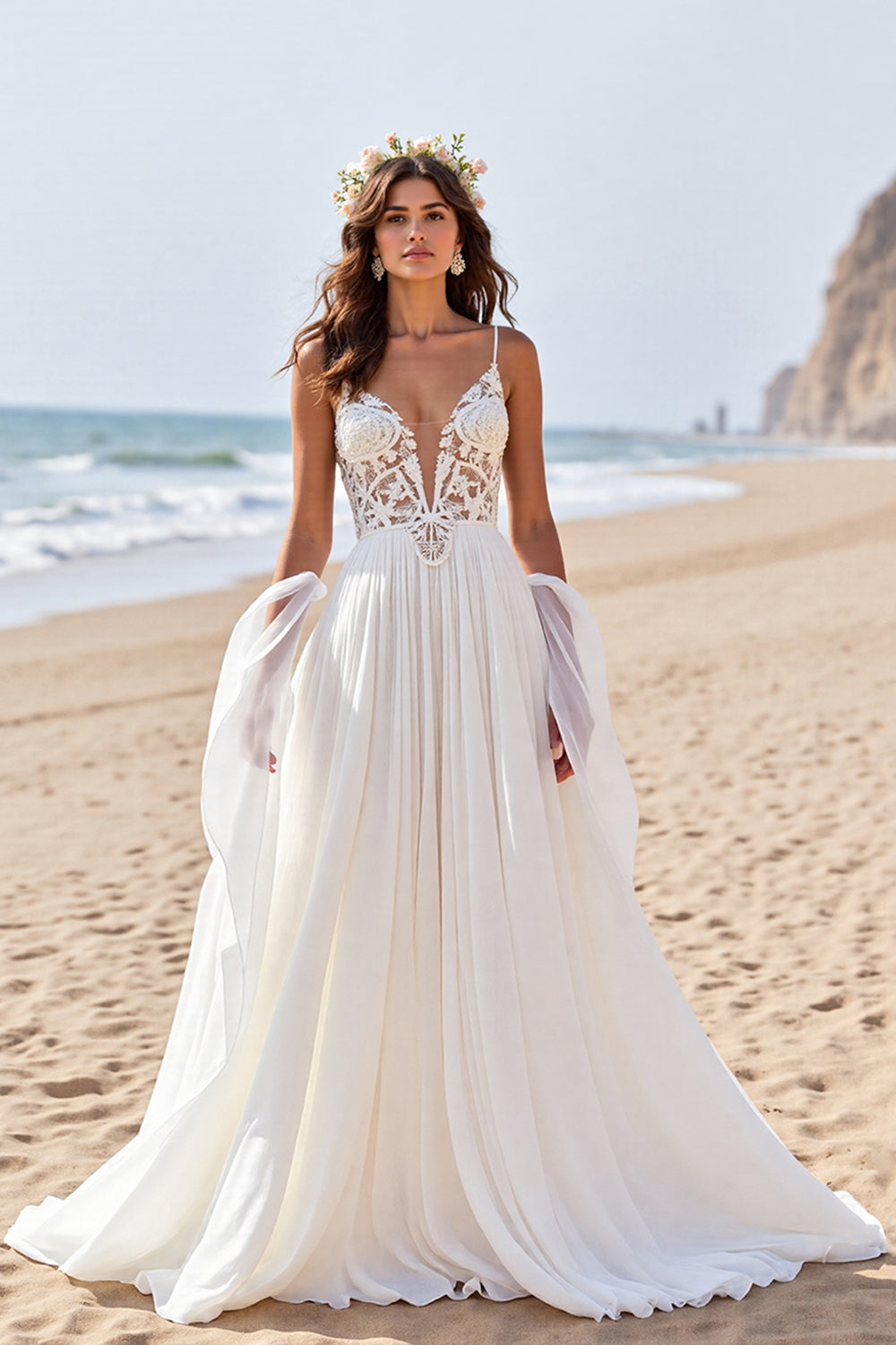 Chiffon White A Line Boho Sweep Train Wedding Dress with Lace