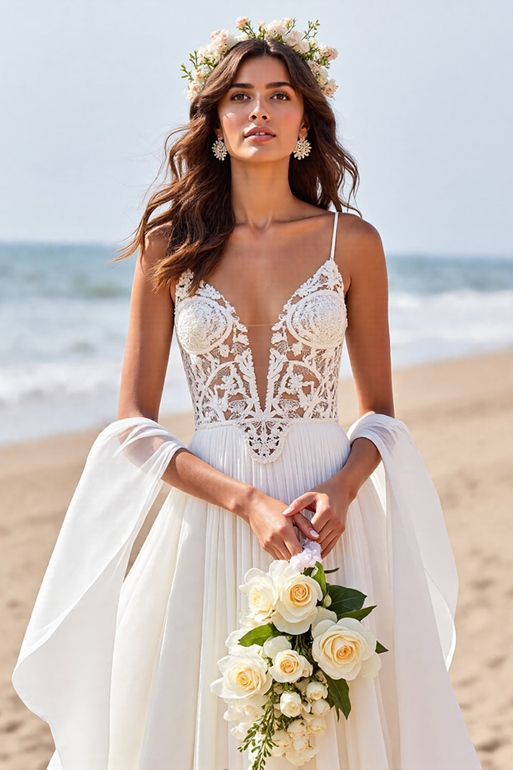 Chiffon White A Line Boho Sweep Train Wedding Dress with Lace