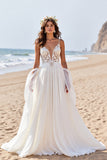 Chiffon White A Line Boho Sweep Train Wedding Dress with Lace