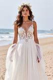 Chiffon White A Line Boho Sweep Train Wedding Dress with Lace