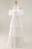 White Off the Shoulder Ruffle Chiffon A Line Wedding Dress