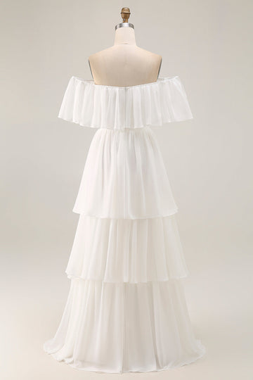 White Off the Shoulder Ruffle Chiffon A Line Wedding Dress