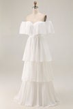 White Off the Shoulder Ruffle Chiffon A Line Wedding Dress