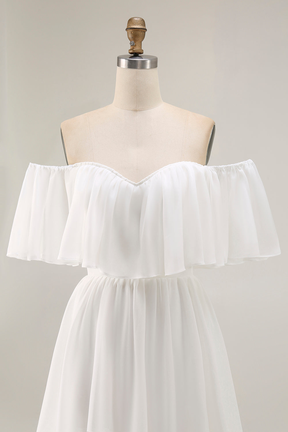 White Off the Shoulder Ruffle Chiffon A Line Wedding Dress