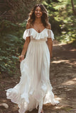 Chiffon White Ruffled Boho Floor-Length Wedding Dress