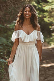 Chiffon White Ruffled Boho Floor-Length Wedding Dress