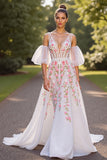 White Floral V Neck Sweep Train Wedding Dress with Sleeves