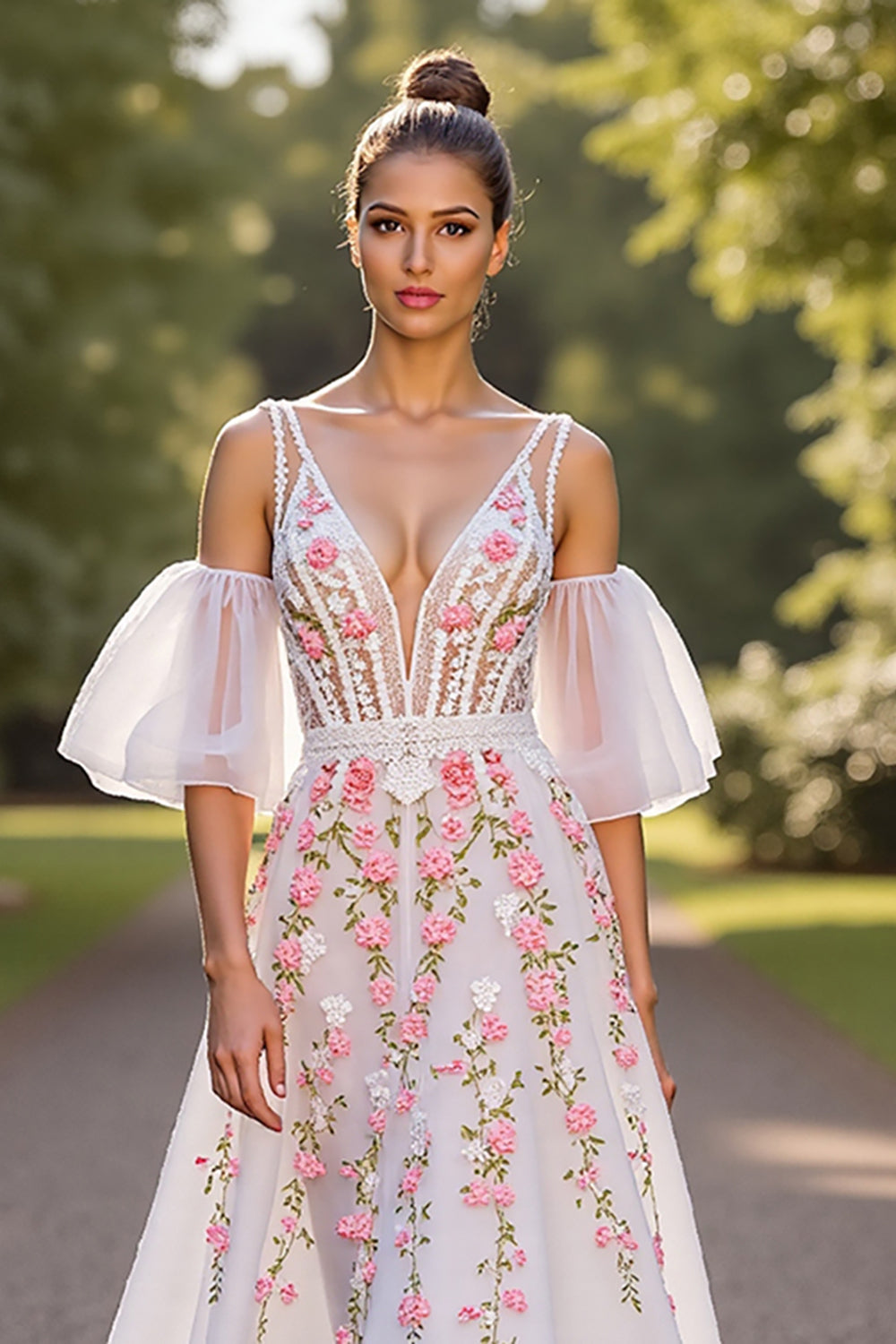 White Floral V Neck Sweep Train Wedding Dress with Sleeves