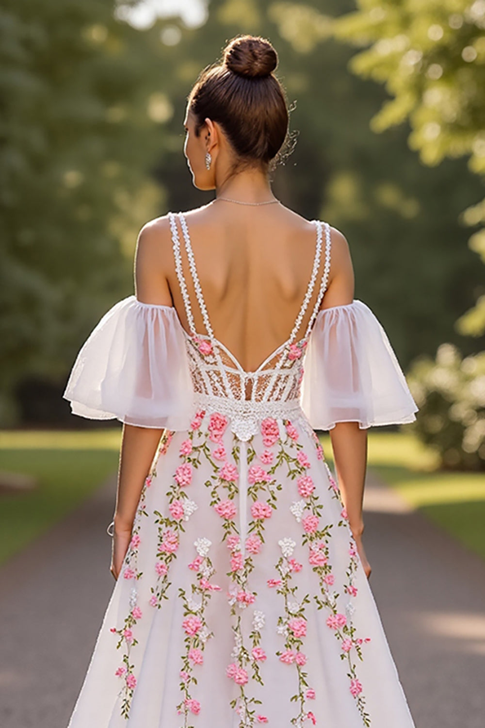 White Floral V Neck Sweep Train Wedding Dress with Sleeves