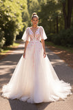 White Floral Half Sleeves A Line Sweep Train Wedding Dress