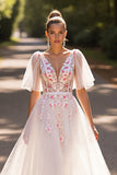 White Floral Half Sleeves A Line Sweep Train Wedding Dress