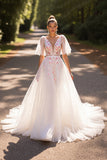White Floral Half Sleeves A Line Sweep Train Wedding Dress