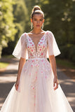 White Floral Half Sleeves A Line Sweep Train Wedding Dress