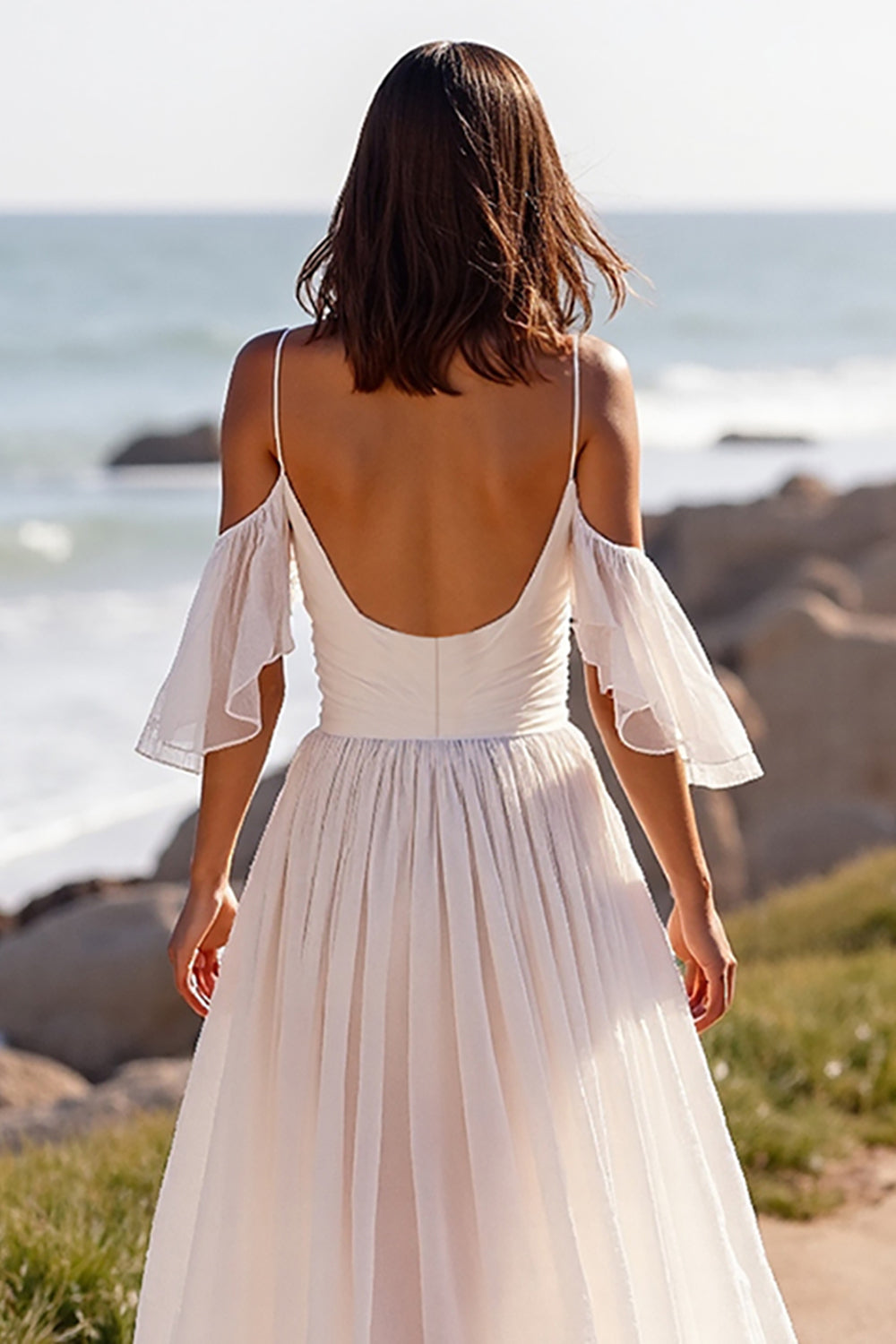 A Line White Chiffon Sweep Train Boho Wedding Dress
