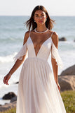 A Line White Chiffon Sweep Train Boho Wedding Dress