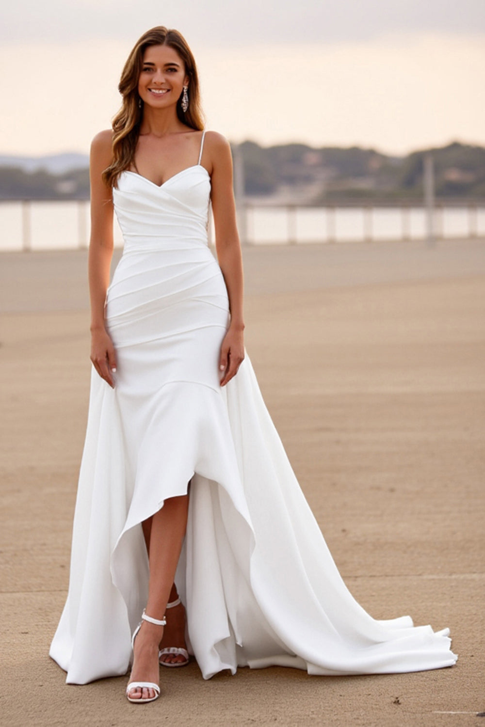 White Satin Ruched Mermaid High-Low Wedding Dress