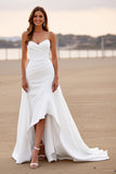 White Satin Ruched Mermaid High-Low Wedding Dress