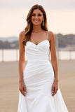 White Satin Ruched Mermaid High-Low Wedding Dress