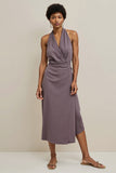 Purple Sheath Satin Halter Neck Long Work Dress