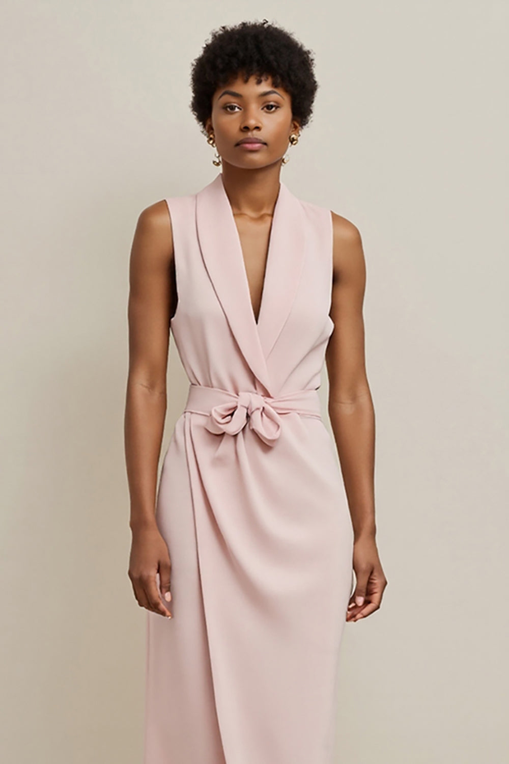 Pink Satin Shawl Lapel Sheath Long Work Dress with Bow