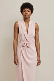 Pink Satin Shawl Lapel Sheath Long Work Dress with Bow