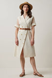 Apricot Notched Lapel A Line Midi Work Dress with Belt