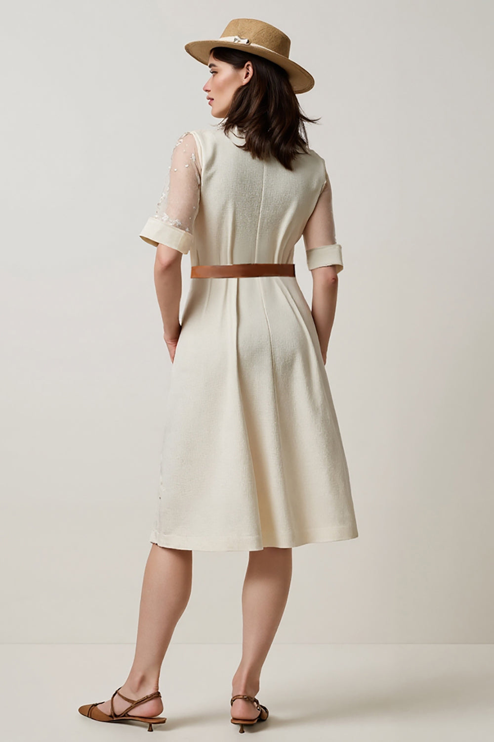 Apricot Notched Lapel A Line Midi Work Dress with Belt