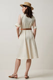 Apricot Notched Lapel A Line Midi Work Dress with Belt
