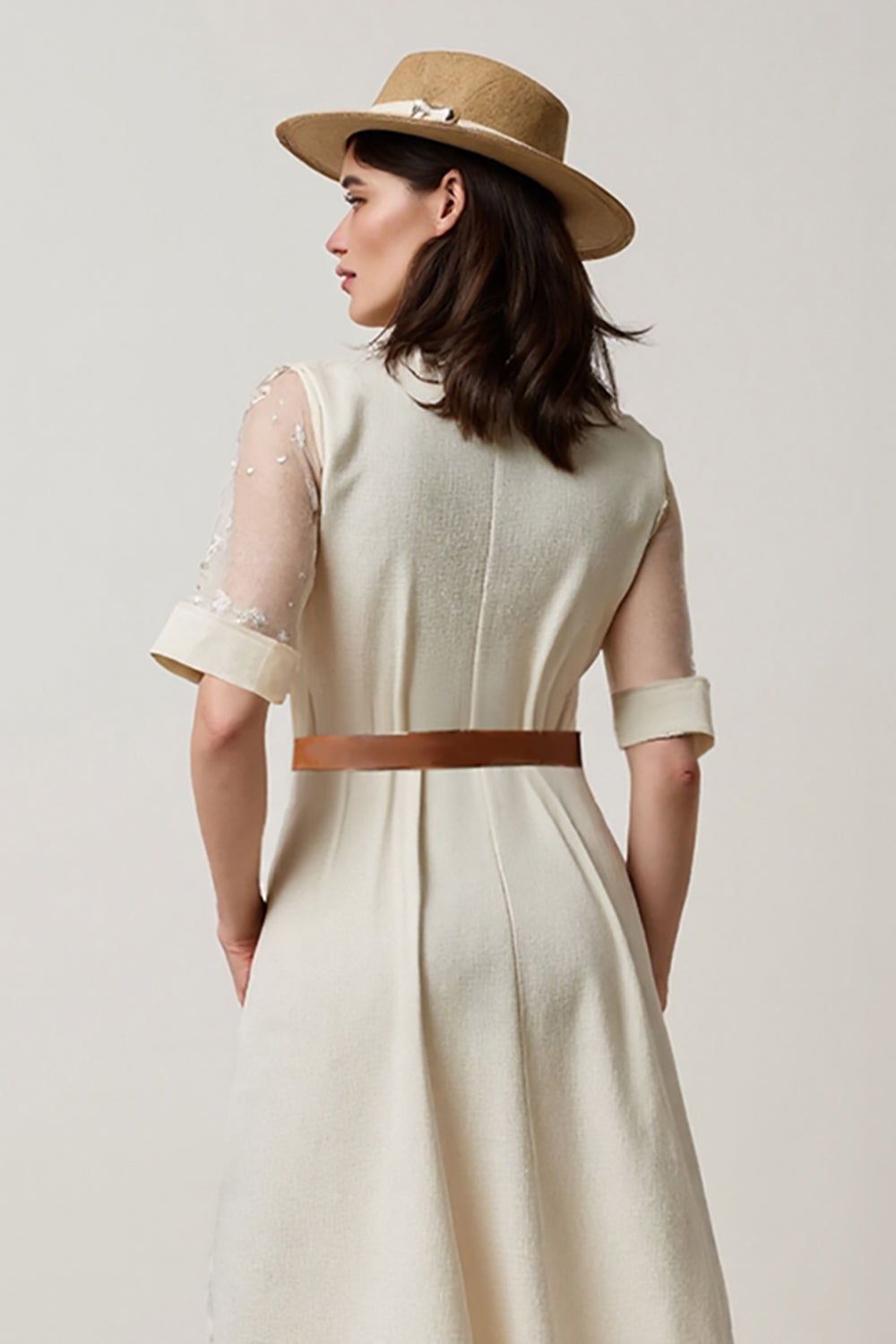 Apricot Notched Lapel A Line Midi Work Dress with Belt